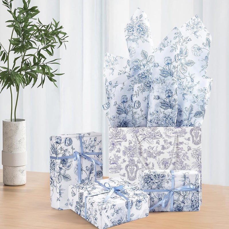 EROMAP 120 Sheets Blue Floral Tissue Paper Chinoiserie Gift Wrapping Paper Vintage Blue White Flowers Packaging Patterned Bulk for Baby Shower Wedding Birthday Party Decor, 14 x 20 Inch - Image 5